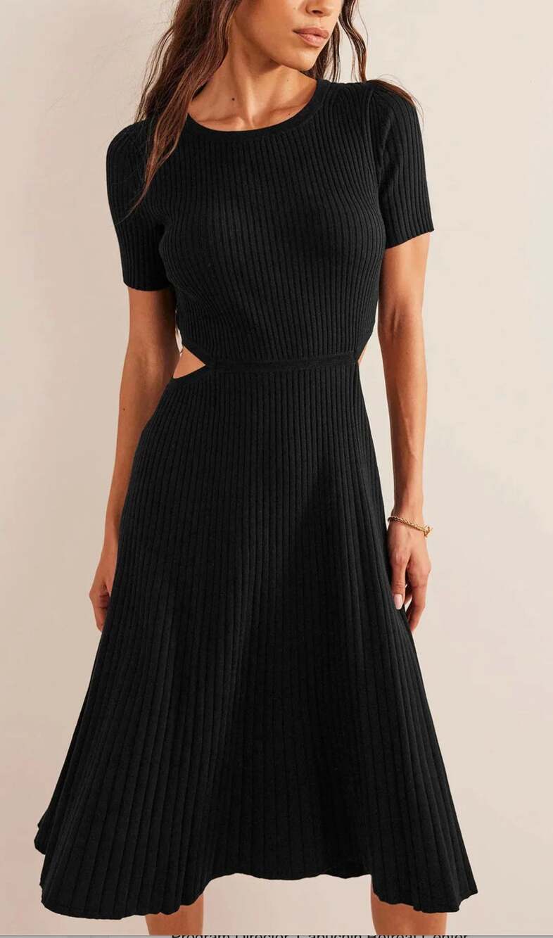 Boden Cut Out Knitted Midi Dress Ribbed Black Minimalist Preppy Cotton Stretch